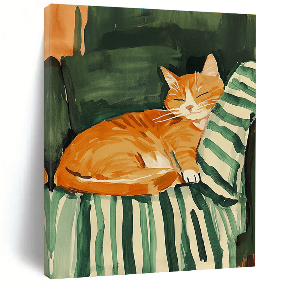 A vibrant abstract gouache painting featuring a joyful orange cat on a striped green blanket, inspired by Maira Kalman's pastel style.STSC1016