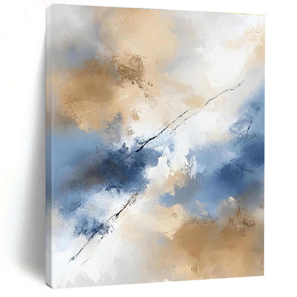 Large abstract painting in beige and blue tones features white clouds creating an ethereal ambiance with delicate brushstrokes and flowing lines.STSC409