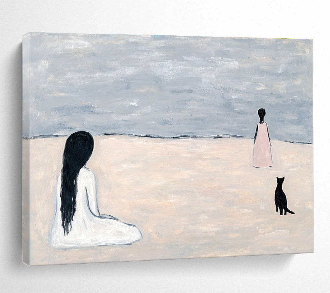 An abstract painting featuring light grey sand dunes and ocean waves with figures and a black cat walking away, evoking serene beach vibes.SC468