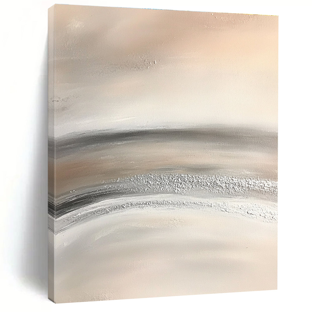 Abstract painting featuring soft gray and white striped desert sand with silver dust conveying serenity and tranquility through minimalist design.STSC949