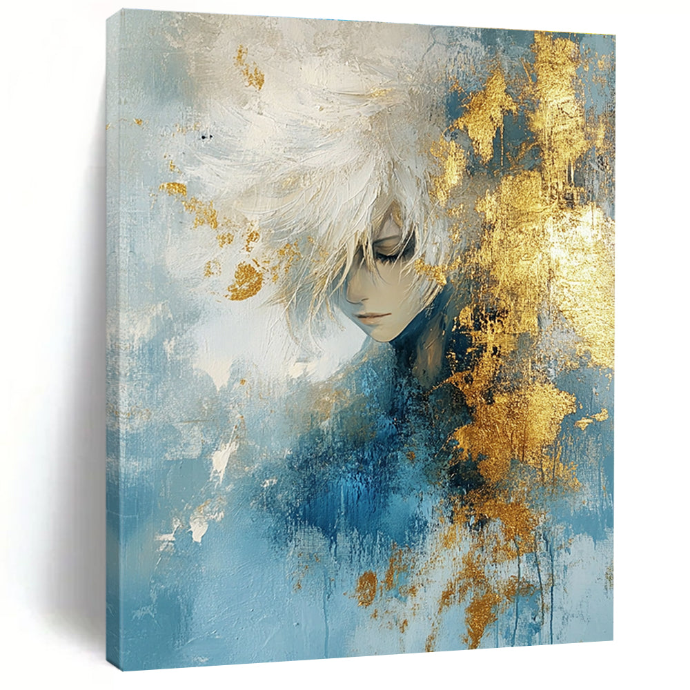 Large abstract painting with textured light blue and gold hues accented by gold foil creating an atmospheric effect.STSC449