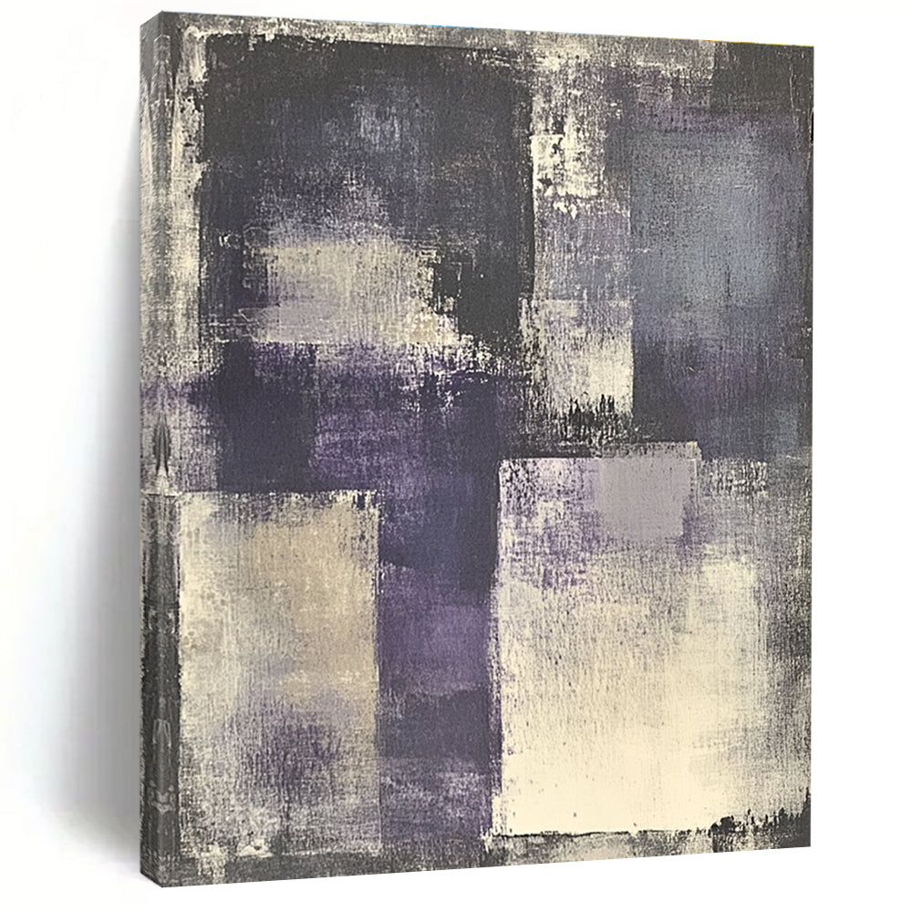 Large abstract painting of gray and purple with white accents featuring a vintage urban landscape and a central figure wearing headphones.STSC682