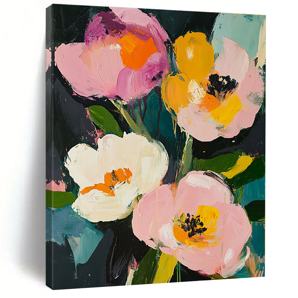 Large abstract painting featuring pink roses and white peonies with loose brushwork in a vintage style and rich colors of greens yellows and blues.STSC057