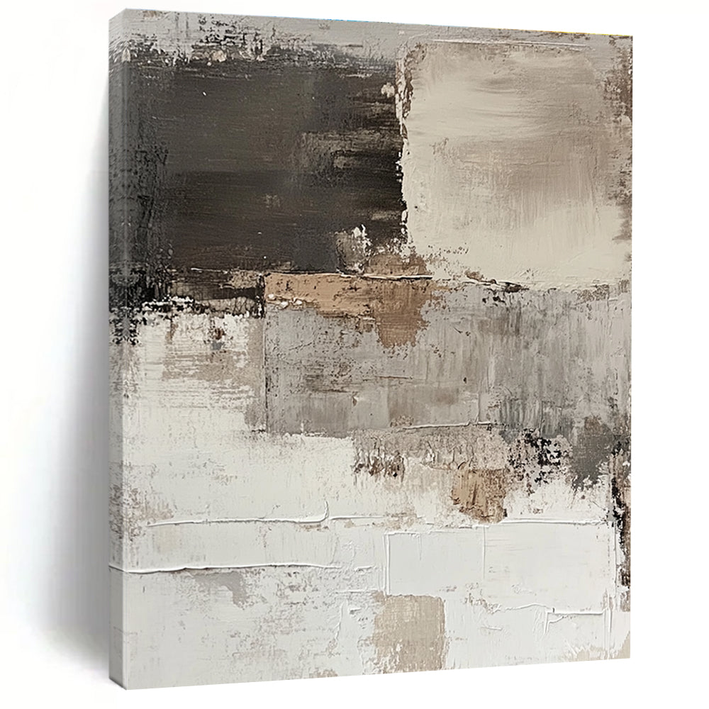 Large abstract painting of a peeling white wall in brown and gray tones showcasing thick brush strokes for a minimalist aesthetic.STSC268