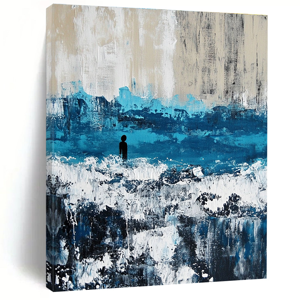Large abstract painting of an ocean with waves in blue and gray featuring white caps for a serene coastal ambiance.STSC266