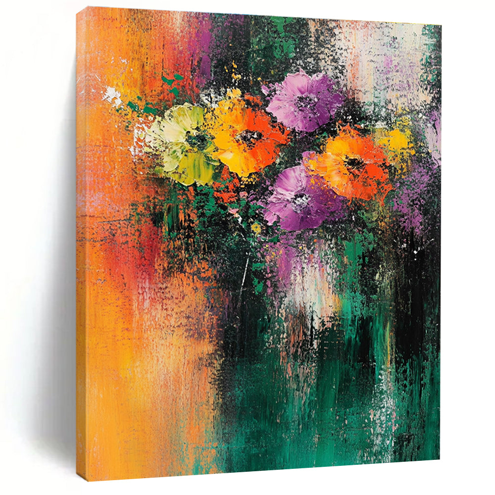 Large abstract painting featuring flowers with vibrant orange green yellow purple and teal colors textured background and emotional brush strokes.STSC307