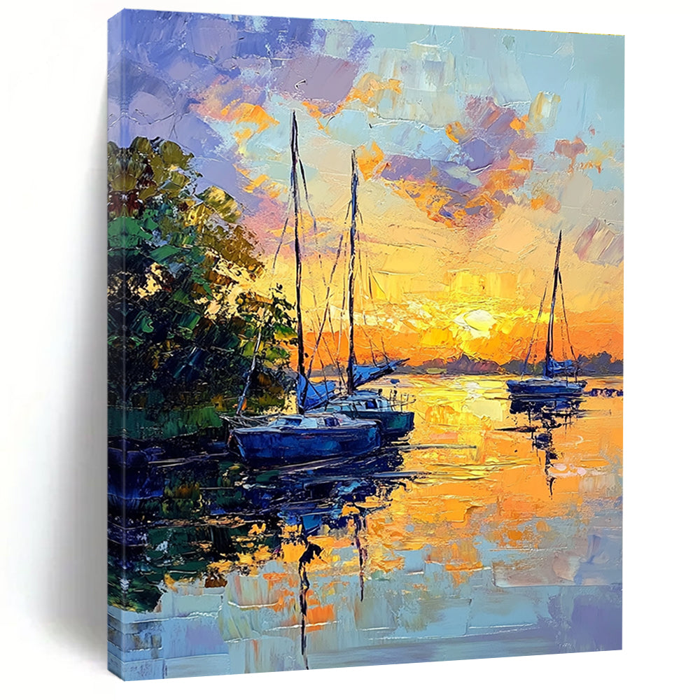 Abstract painting of sailboats at sunset with vibrant colors large brush strokes and serene reflections on the riverbank surrounded by lush greenery.STSC1394