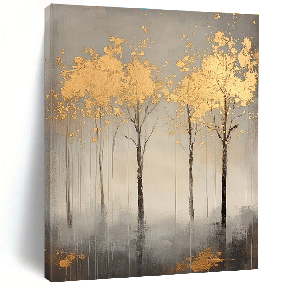A large abstract painting featuring serene gray trees with gold leaf accents creating a tranquil atmosphere and evoking nature's beauty.STSC1174