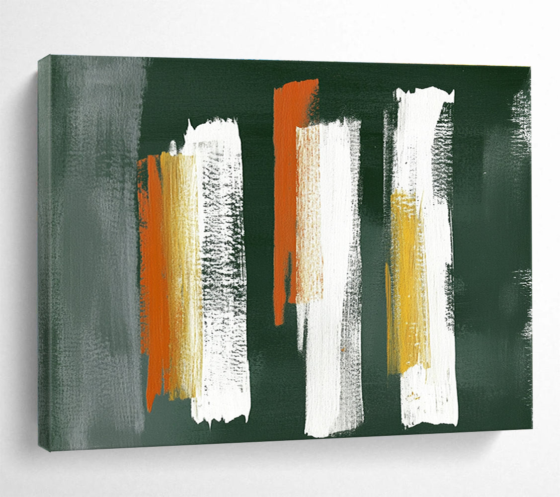 Large abstract painting featuring five vertical brushstrokes in gray white and orange on textured dark green paper in the style of Peter Lefferts.SC494
