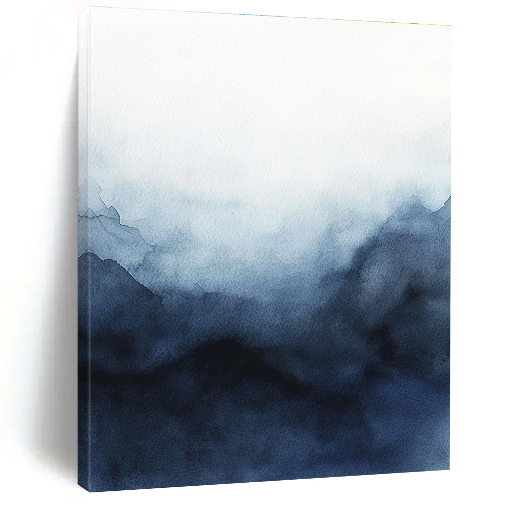 Large abstract watercolor painting of a stormy sky featuring dark blue and gray hues on a white background for striking contrast and minimalist elegance.STSC498