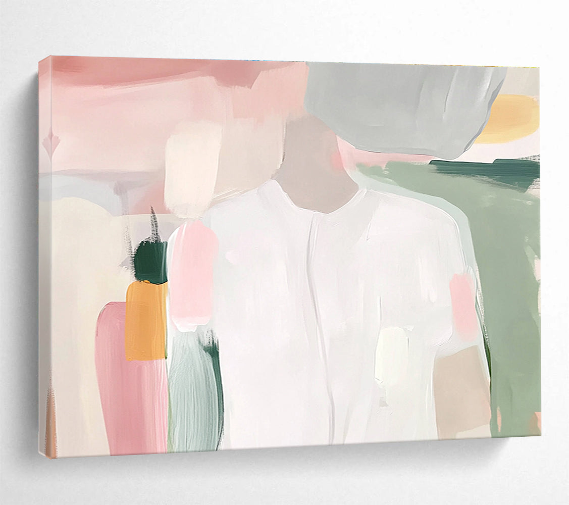 Large abstract painting of a white shirt with soft pink and green pastel brush strokes inspired by Maira Kalman.SC179