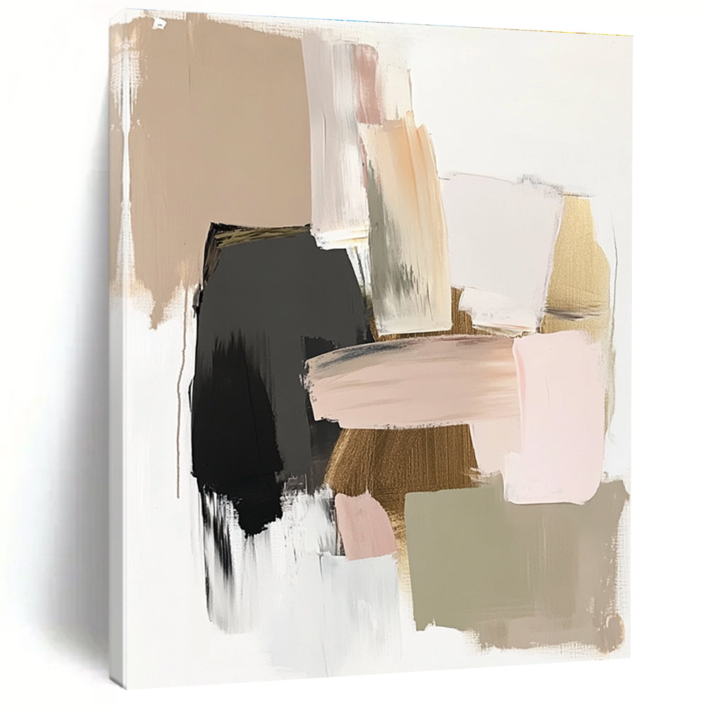 A large abstract painting featuring neutral tones with soft pinks and greens complemented by gold accents in a minimalist style.STSC619