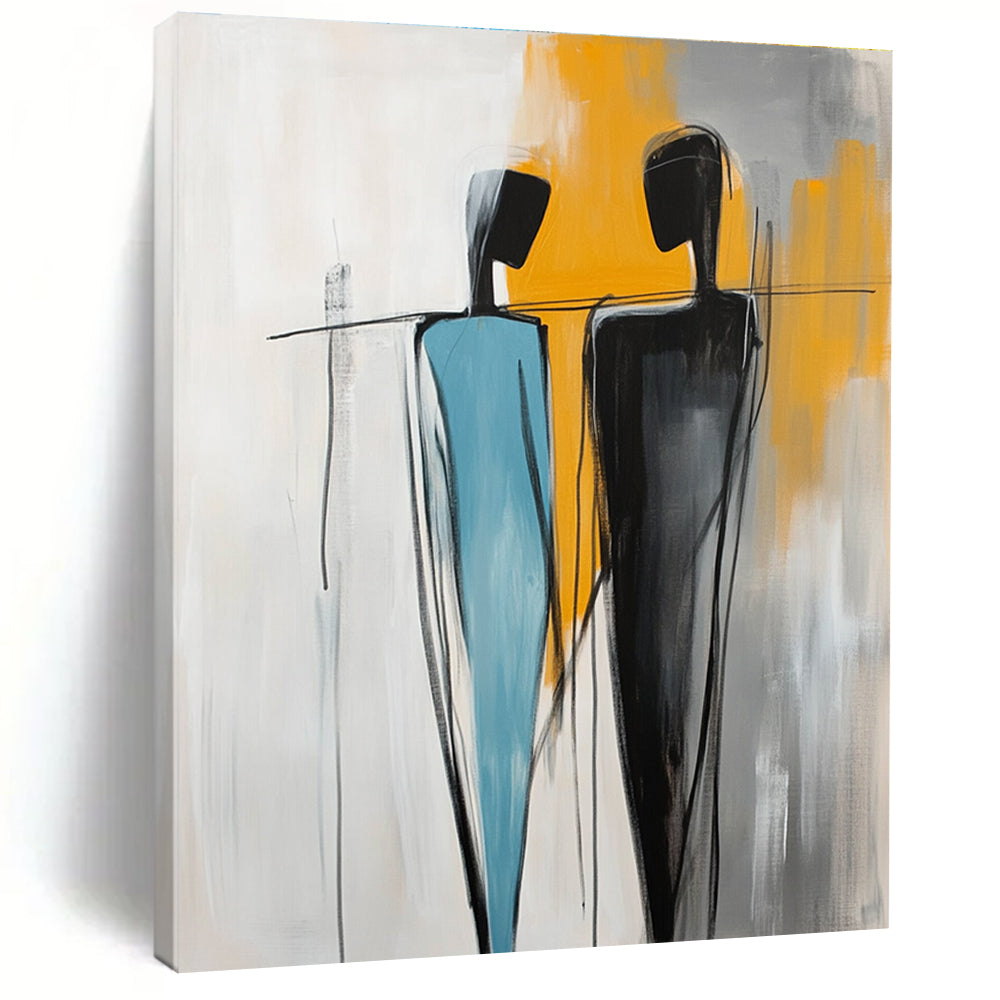 Large abstract painting featuring two figures one in light blue and the other in black with yellow accents against a white background with visible brush strokes.STSC1146