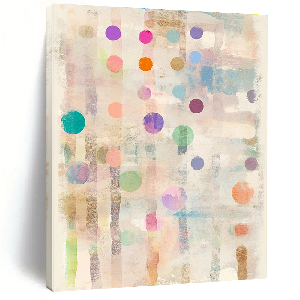 Large abstract painting on paper with pastel polka dots and stripes adorned with tiny hearts and stars at each dot's edge.STSC722
