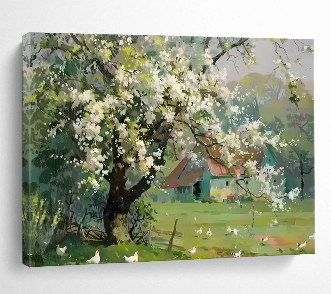 Spring Farmhouse Abstract Painting with White, Green, and Blue Tones THY215