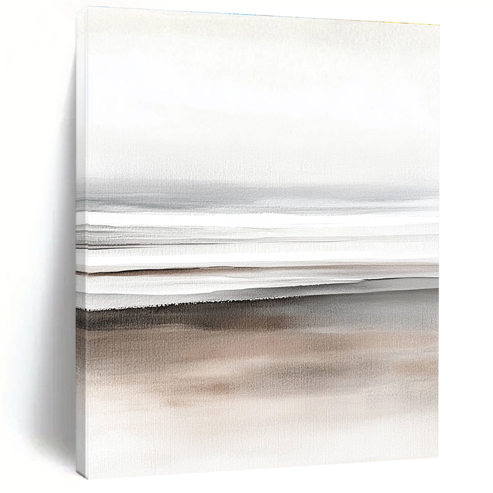 Large abstract watercolor painting depicting beach sand and ocean in soft gray tones and a minimalist design on a neutral beige and white background.STSC499