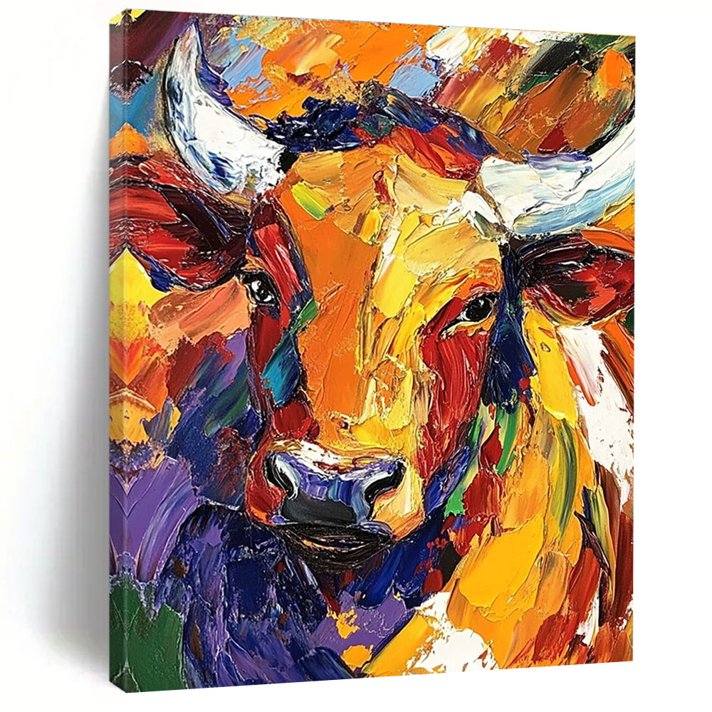 Large abstract oil painting of a colorful African bull with dynamic loose brush strokes showcasing vibrant artistry.STSC141