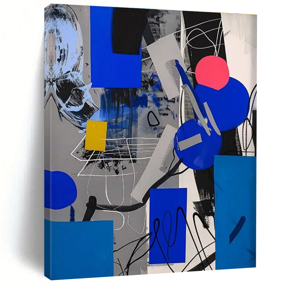 Geometric Color Fusion Abstract Painting with Blue, Gray, and Yellow ADGE110