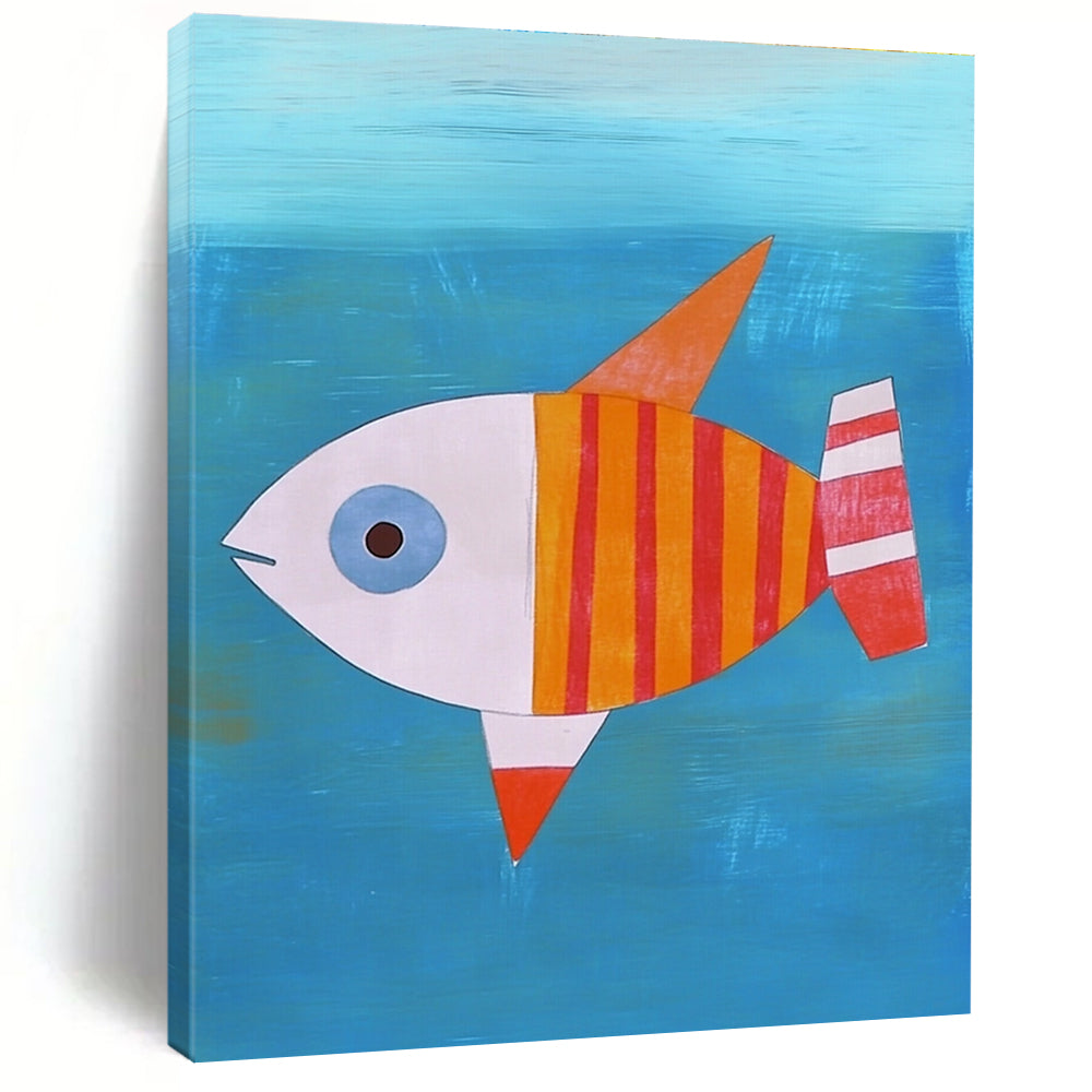 A large abstract painting featuring a flat illustration of a fish with an orange-red body and white stripes swimming in blue water.STSC995