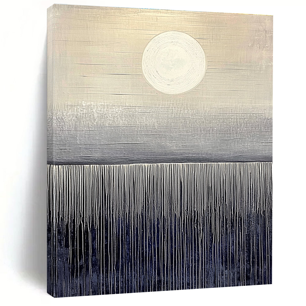 Large abstract painting featuring dark gray and light beige hues with a serene sunrise over a deep sea horizon on canvas board.STSC1030