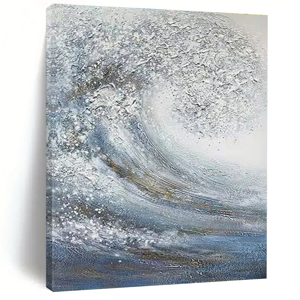 Silver and Blue Wave Abstract Painting with Sparkling Textures ADGE337