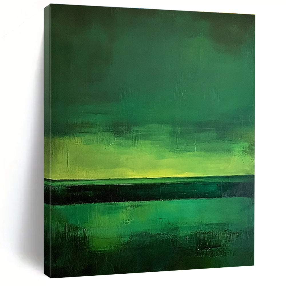Large abstract painting of green fields under a dark sky illuminated by northern lights featuring minimalism and expressive brush strokes inspired by Mark Rothko.STSC308