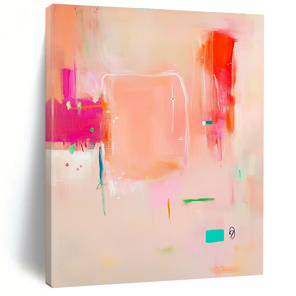 Abstract painting in pink white and orange with soft lines on beige featuring joyful elements a colorful central square and an empty text space.STSC689