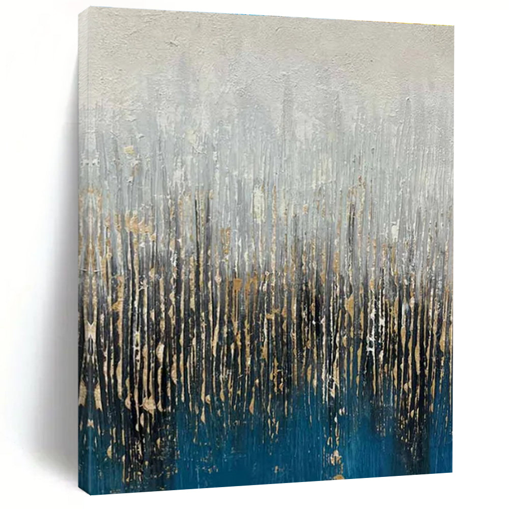 Blue, Gray, and Gold Textured Abstract Painting with Vertical Elements ADGE406