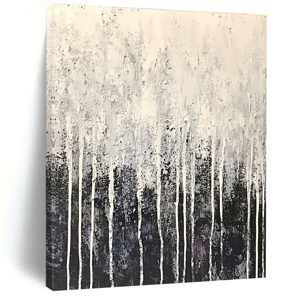 Large abstract painting in white and gray with drip effects and fine droplets resembling frost creating a serene winter atmosphere.STSC360