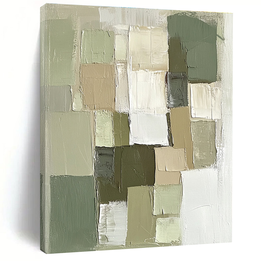 Green Beige Abstract Painting with Geometric Blocks GER811