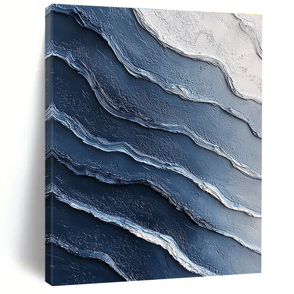 Blue and White Wave Abstract Painting with Textured Ridges GER072