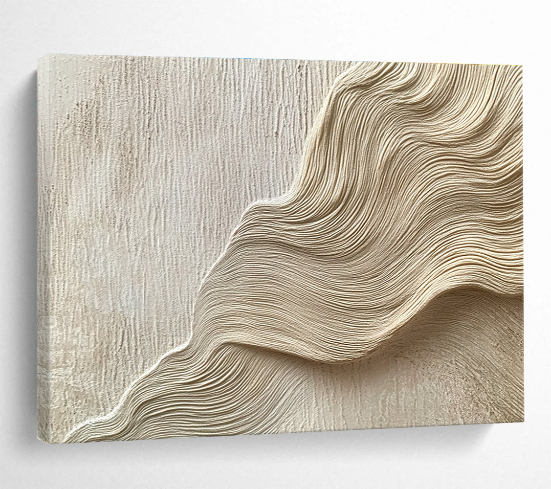 Large abstract painting featuring layered waves and curves in light beige tones resembling water ripples on sand dunes with fine brushwork.SC613