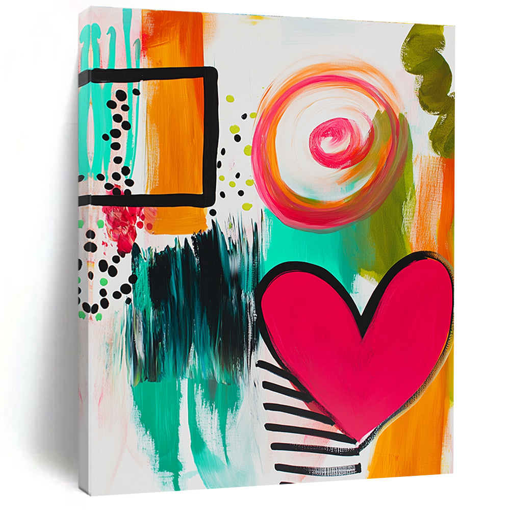 Large abstract painting featuring bold lines bright colors stripes and dots with a joyful heart shape and lively green swirls.STSC745