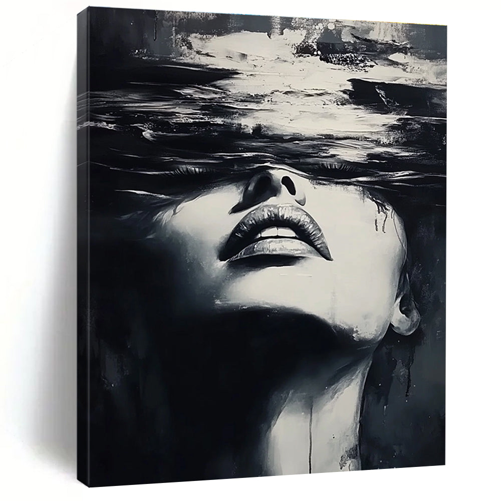 A large abstract painting of a woman's face emerging from water in dynamic black and white brushstrokes inspired by Yoji Shinkawa and Dominik Mayer.STSC1385