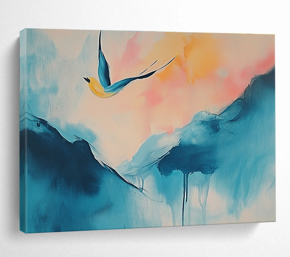 Large abstract painting of a serene island with soft blue pink hues and a joyful yellow bird above, evoking freedom and life's journey.SC554