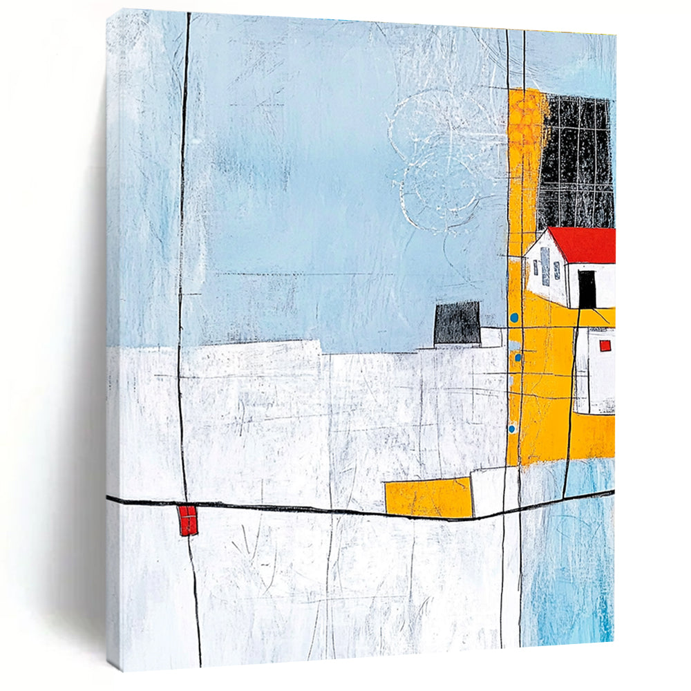 Abstract painting featuring soft lines and shapes with a light blue grey background and minimalistic house illustration in the corner.STSC688