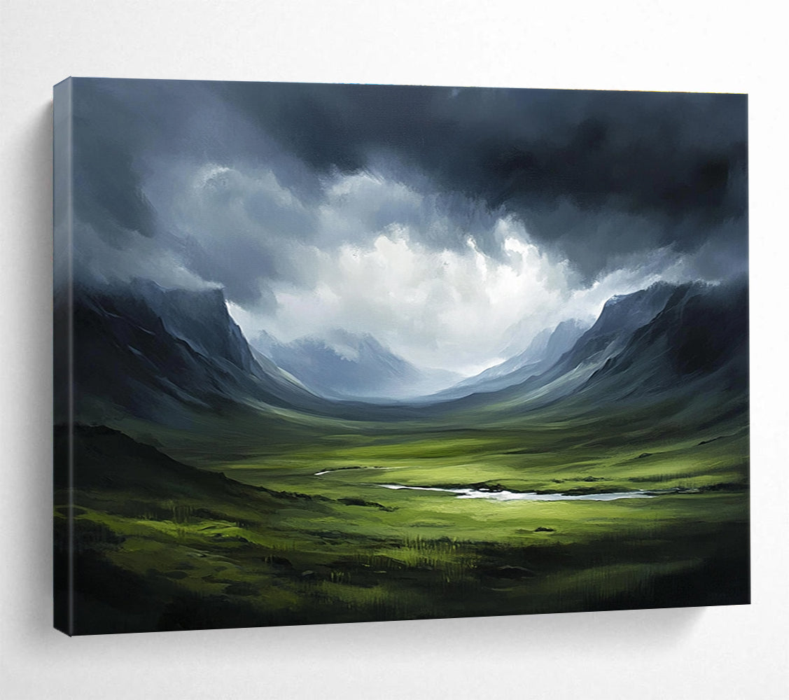 Mountain Valley Storm Dramatic Abstract Painting with Dark and Green Tones DYP604