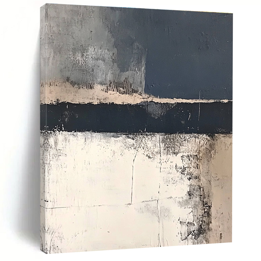 Large abstract painting in dark gray and navy blue with hints of white and beige depicting a distant old battle scene on the English coast.STSC217