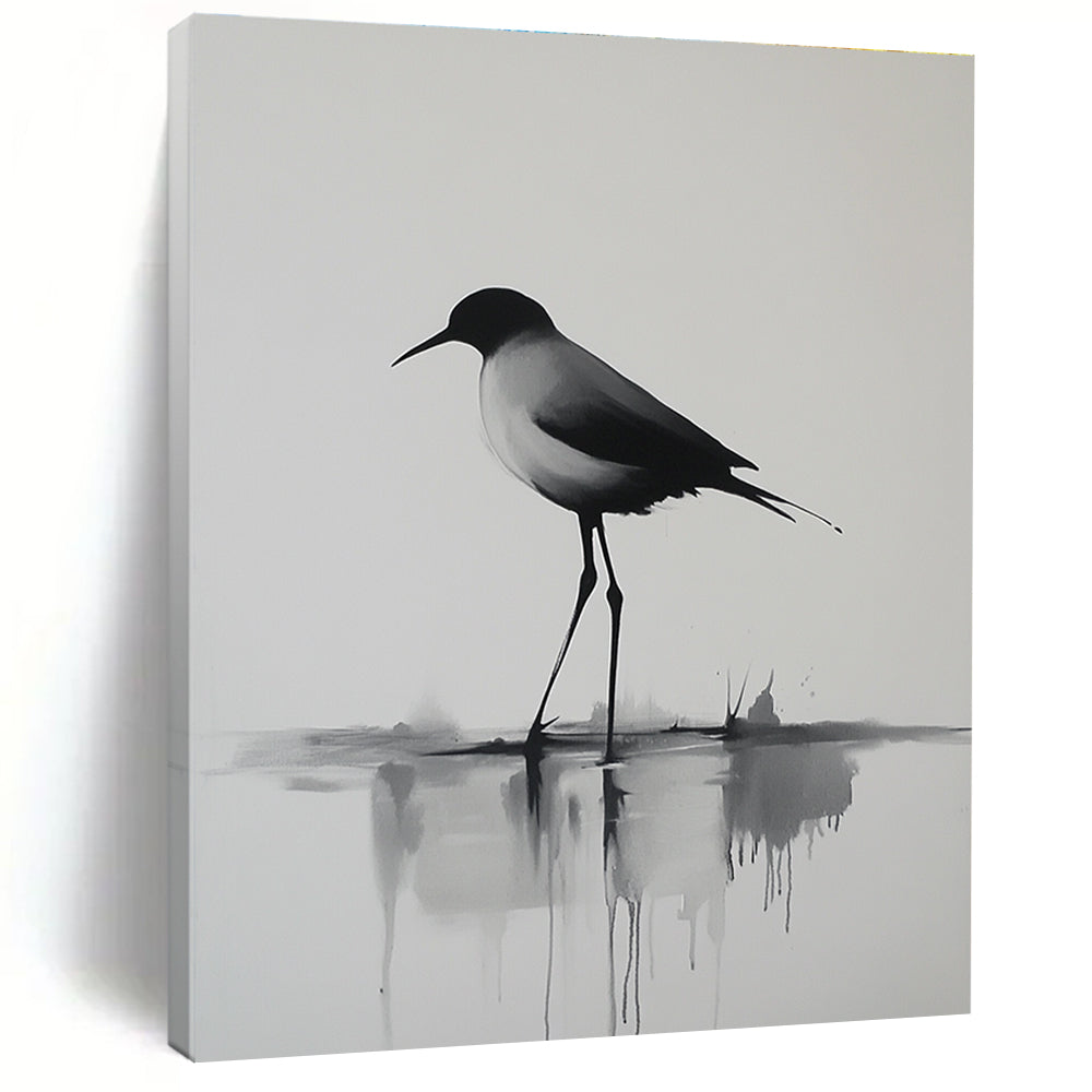 Abstract painting of a long-legged bird walking on water with minimalistic lines and reflections captured in morning light in a close-up view.STSC911