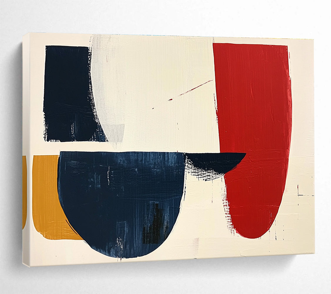 Large abstract painting featuring navy red and white shapes on cream paper with loose brush strokes, creating a striking minimalist aesthetic.SC490