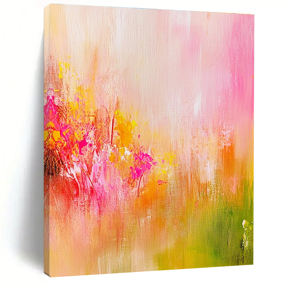 Large abstract painting in soft pink and yellow tones with delicate brushstrokes and a vibrant background evoking a romantic dreamy atmosphere.STSC489