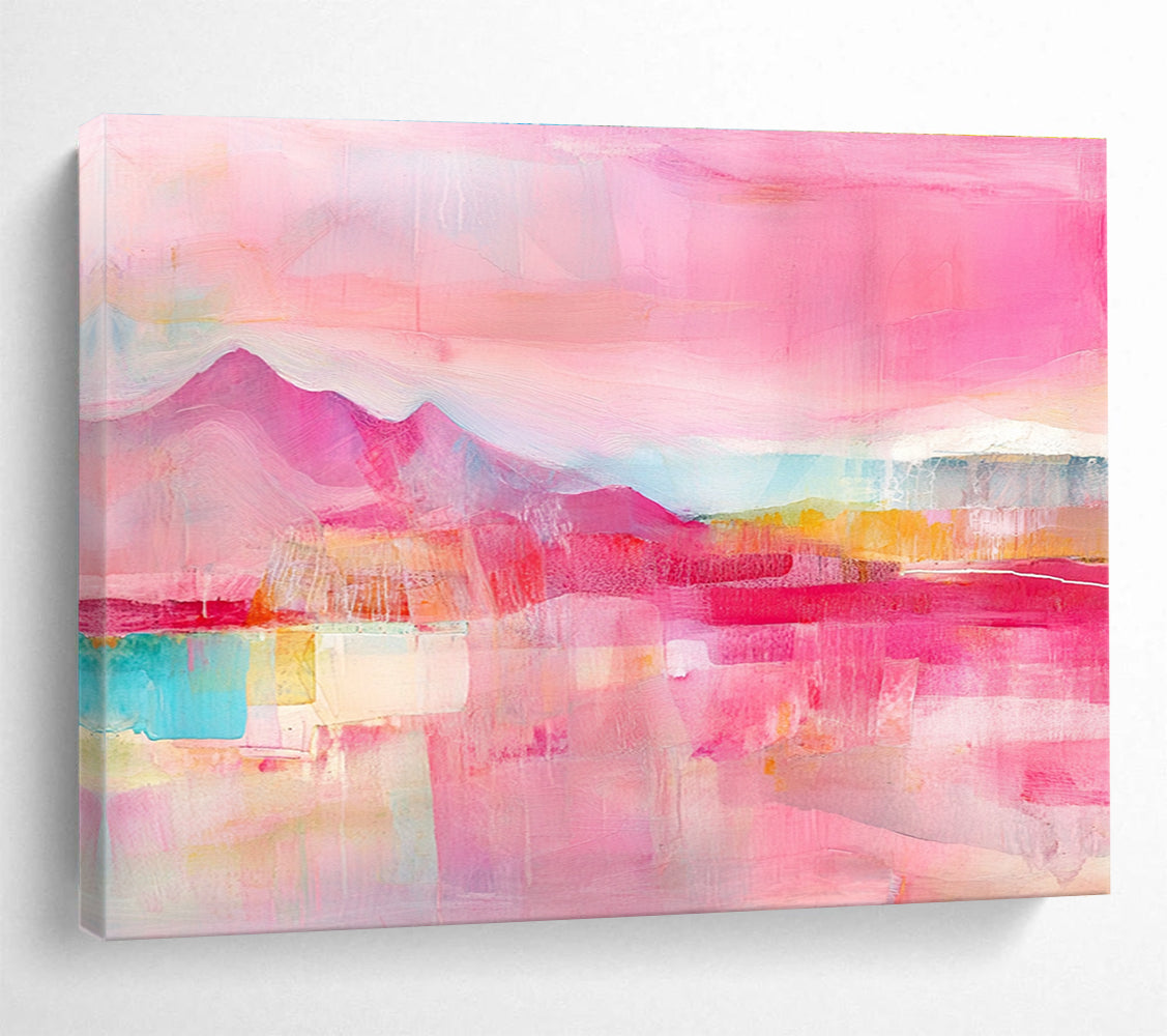 A large abstract painting featuring a pink sky with layers of soft pastel colors and textured brushstrokes, perfect for enhancing any space.SC344