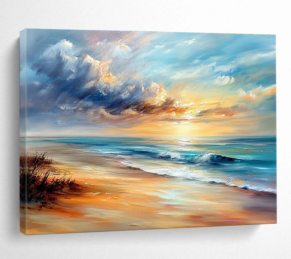 A large abstract painting capturing a serene beach scene with soft sunset colors and textured brush strokes in Impressionist style.SC415