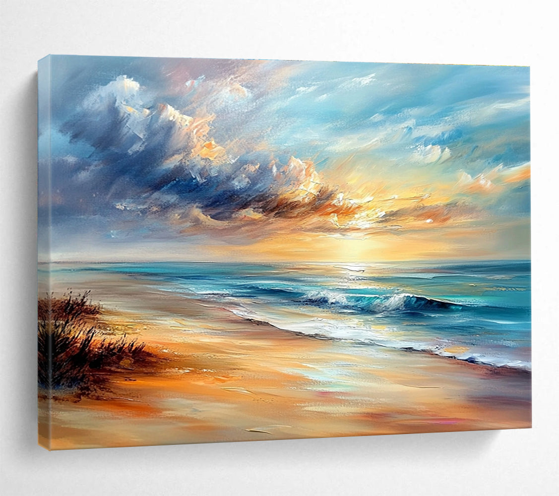 A large abstract painting capturing a serene beach scene with soft sunset colors and textured brush strokes in Impressionist style.SC415