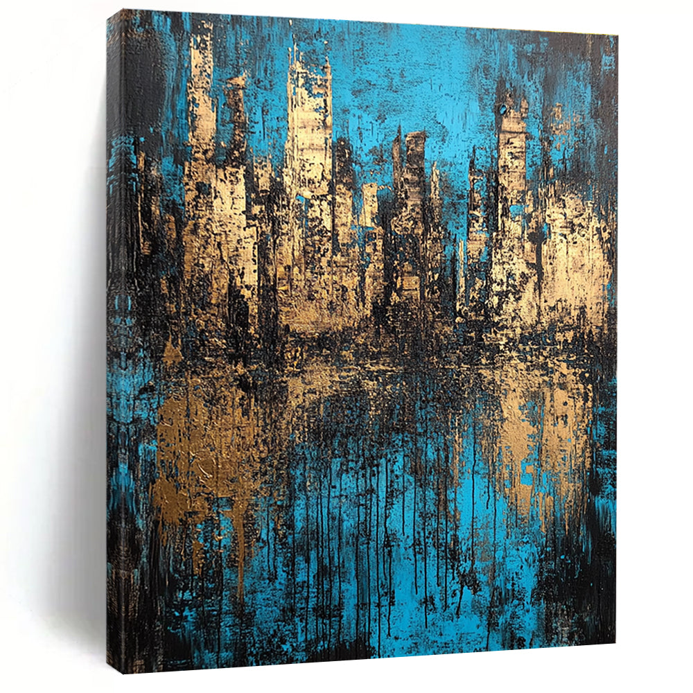 Large abstract painting of an underwater city in deep blue and brown tones with a richly textured canvas.STSC152