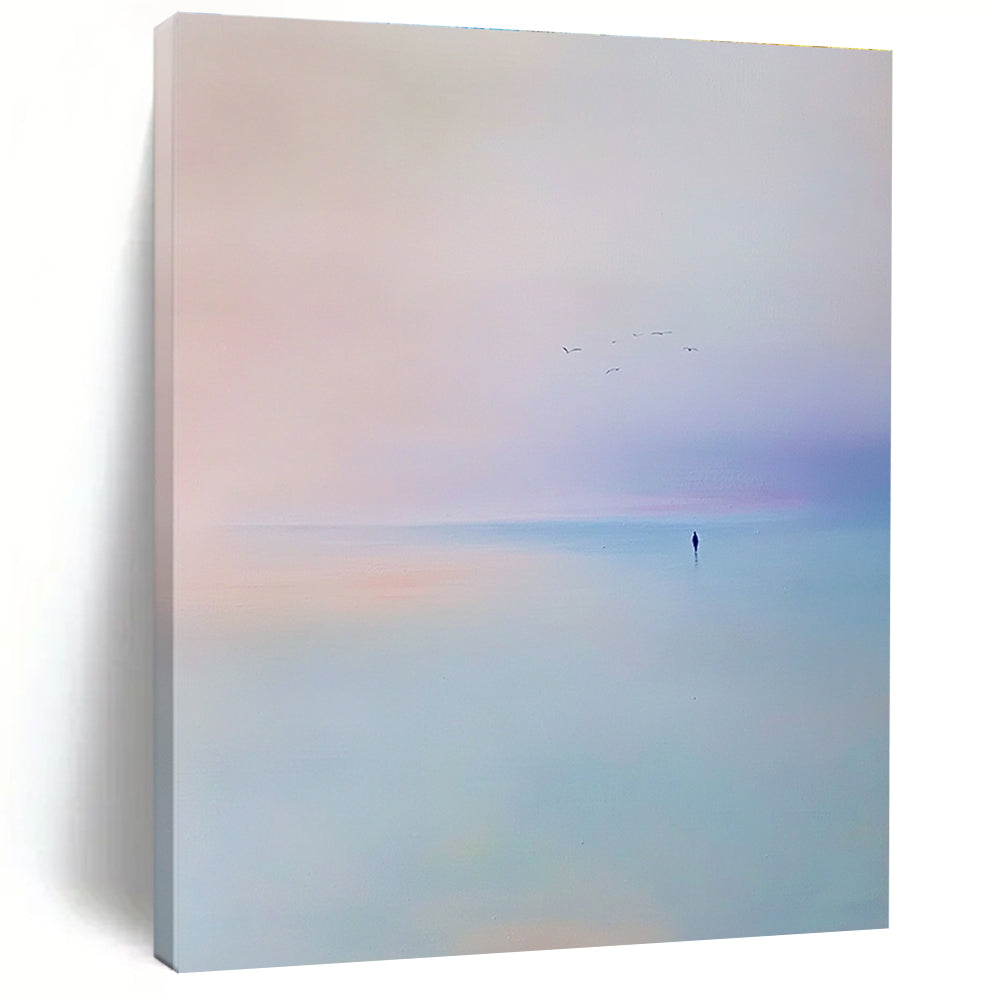 Abstract painting of the sea featuring a light blue and purple sky with soft tones and minimalist style capturing a serene beach scene with flying birds.STSC346