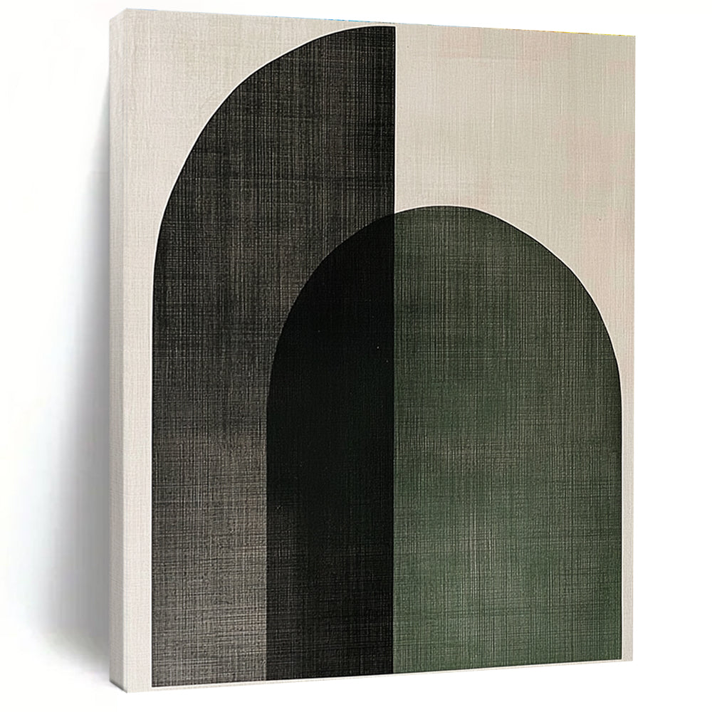 Large Abstract Artwork Featuring Sage Green and Charcoal Gray Arches on Light Beige Canvas Reflecting Scandinavian Minimalism.STSC1074