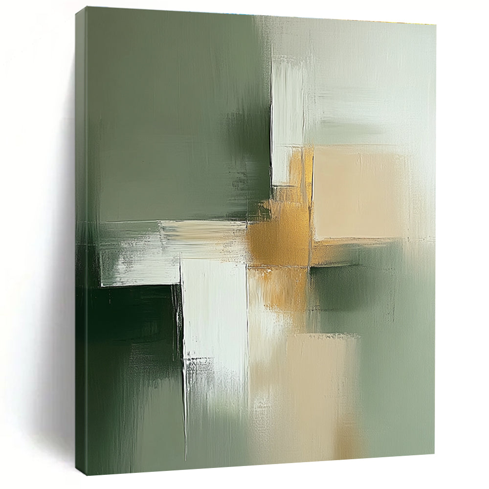 Abstract minimalist painting in sage green and beige with white featuring thick brush strokes and golden details for elegance.STSC566