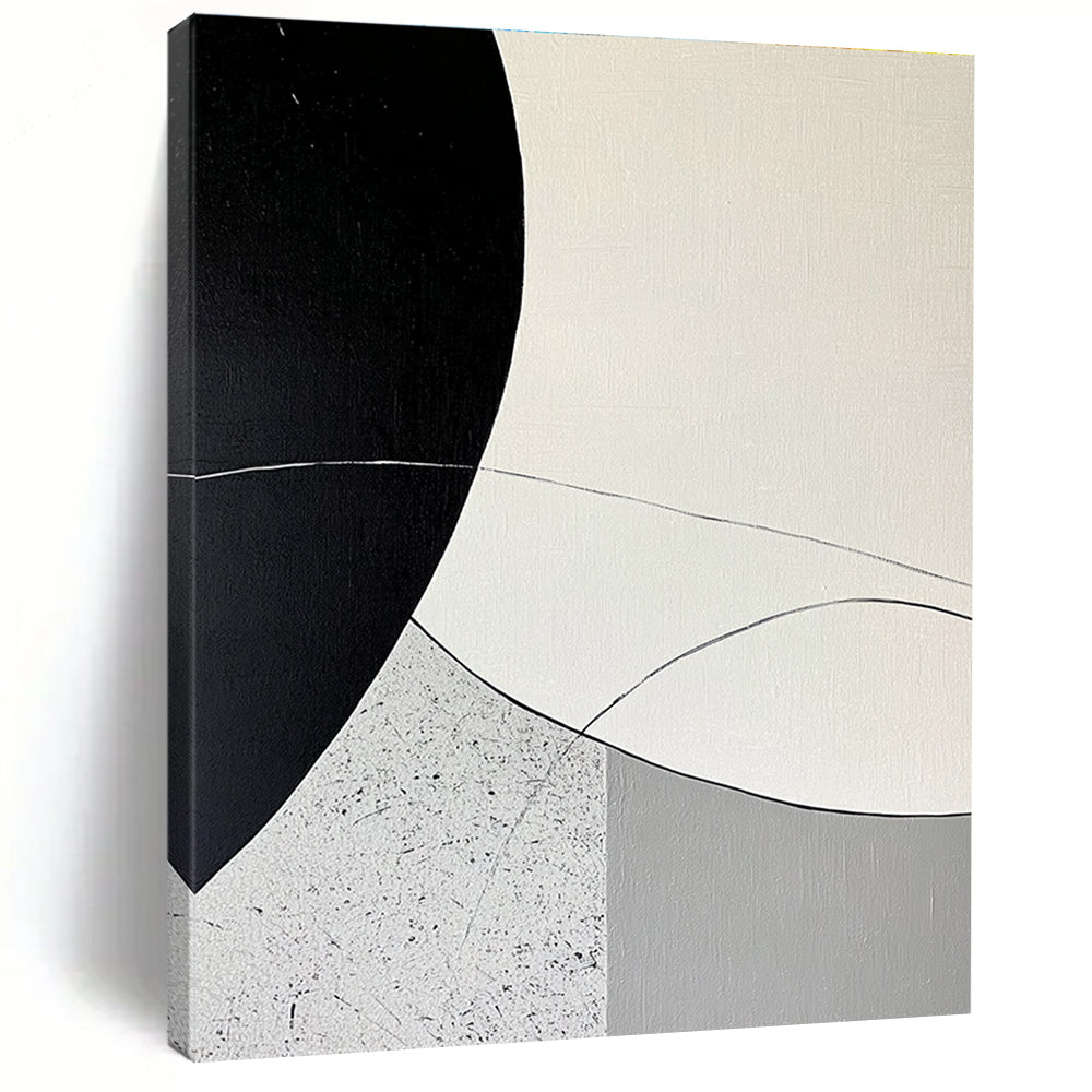Large abstract painting featuring minimalist curved lines and rounded shapes in black and gray on a textured white background with a circular pattern.STSC436