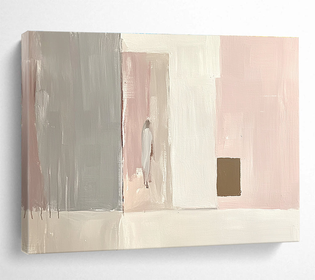 Large abstract painting in light pink and white with gray and a small brown square emphasizes minimalist brushstrokes and elegant simplicity in oil paint.SC223